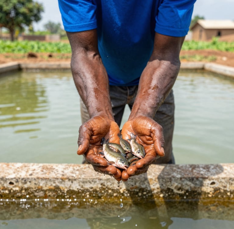 A professional Ghanaian fish farmer holding high-survival fingerlings in cupped hands over a clean concrete pond, bright natural daylight, 35mm lens