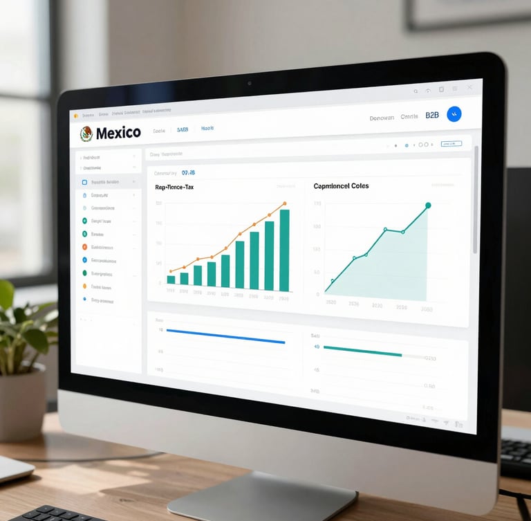 Clean, modern administrative dashboard interface showing real-time Mexican tax compliance graphs, soft natural office light reflected on a high-resolution screen, minimal B2B SaaS aesthetic.