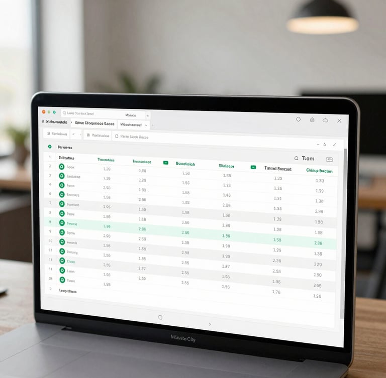 Macro shot of a high-resolution software interface showing a clean financial balance sheet, crisp typography, and green compliance indicators. Soft natural office lighting, modern minimalist workspace in Mexico City, professional and secure atmosphere.