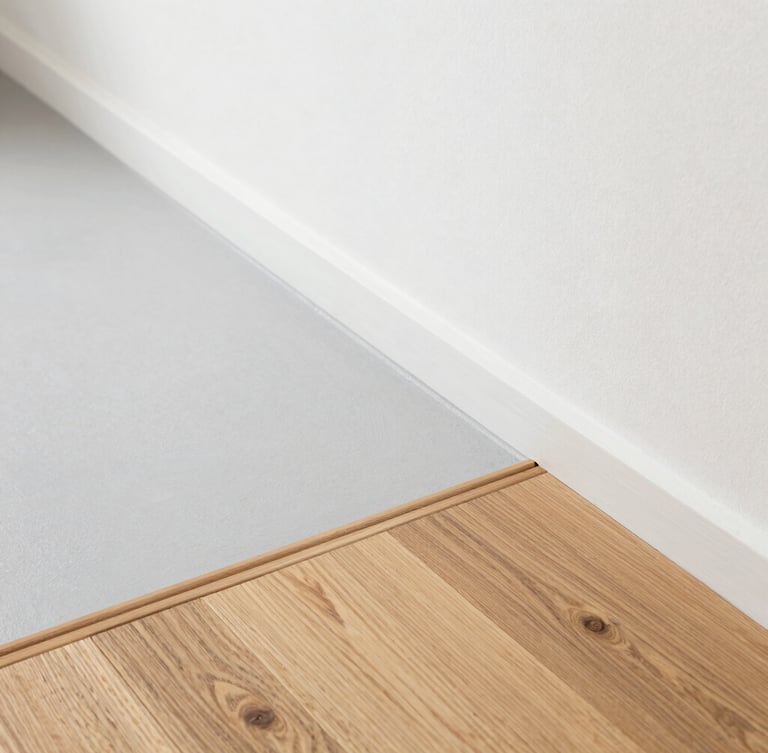 Architectural close-up, clean transition of oak wood flooring meeting a seamless light gray microcement floor, bright natural daylight, 35mm
