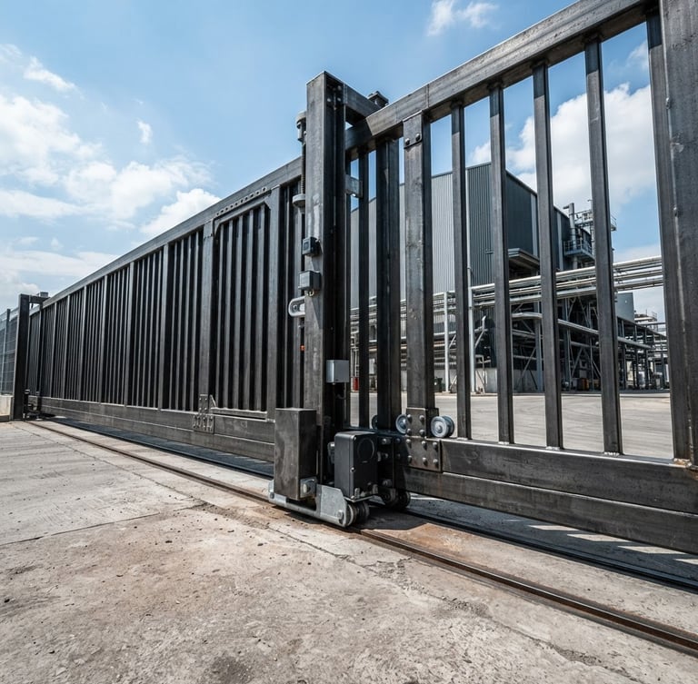 Low-angle industrial editorial photography of a heavy-duty modern charcoal gray steel automatic gate, bright natural daylight, high-contrast metallic textures, 50mm lens, sharp focus
