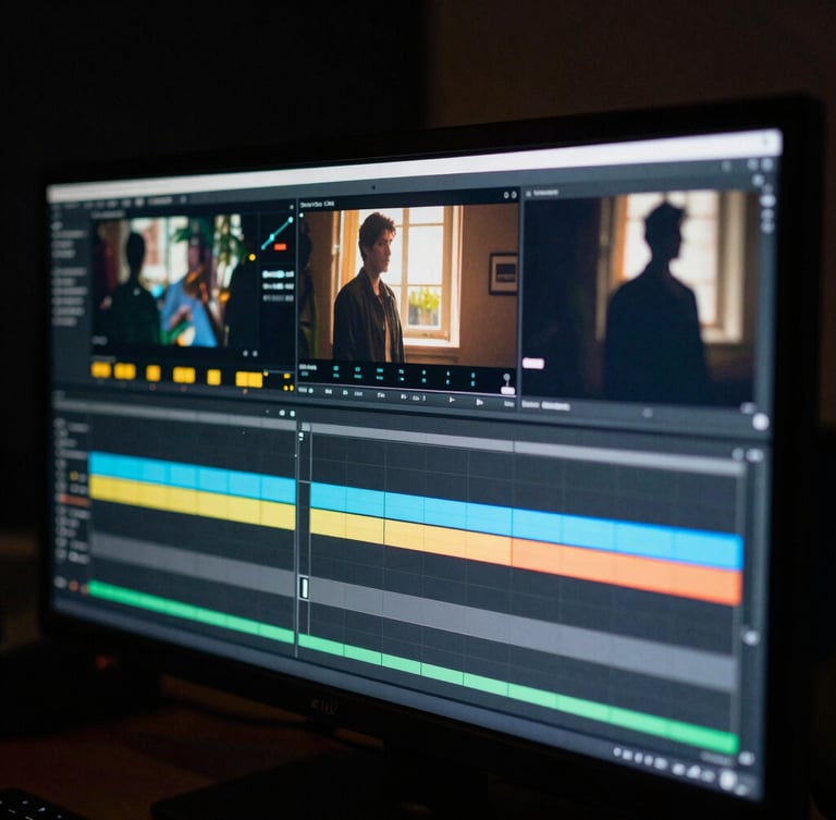 Close-up of a professional colorist grading a cinematic video on a high-end monitor in a dark studio, glowing ambient backlights, rich color spectrum, 35mm film grain