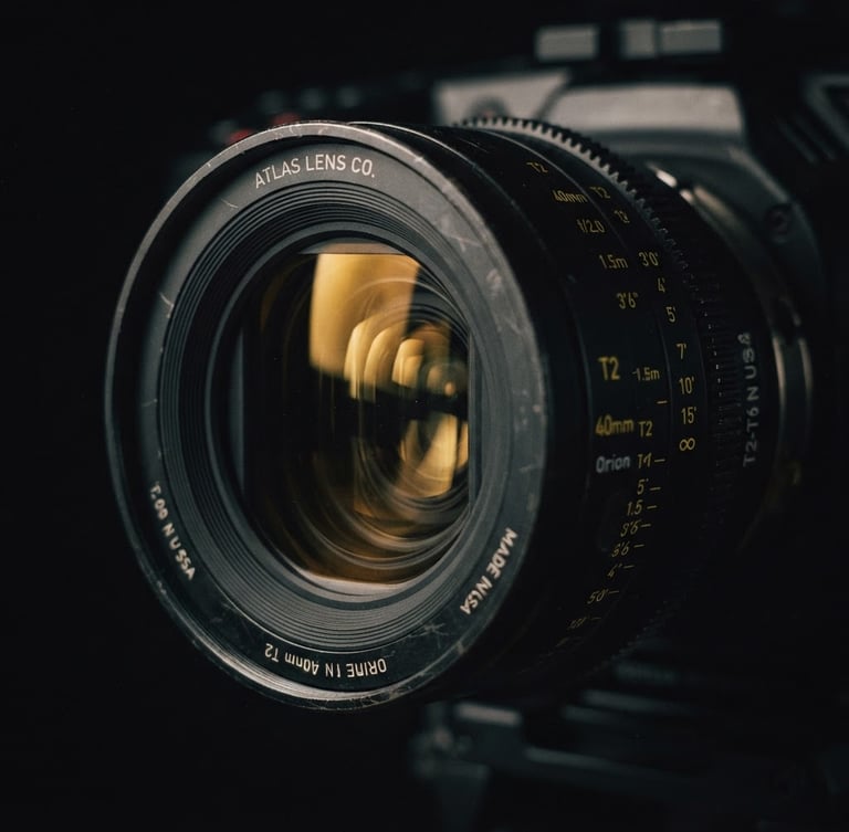 Extreme close-up of a high-end anamorphic camera lens, dramatic low-key lighting, deep shadows, gold reflections on the glass, rich 35mm film grain, cinematic atmosphere