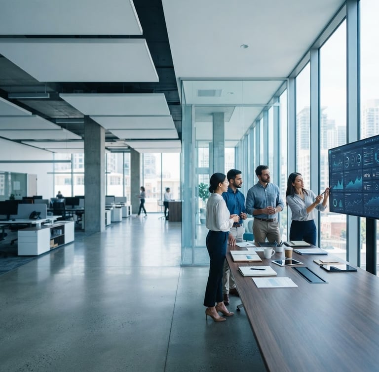Wide panoramic modern corporate office, clean lines, bright natural daylight, cool blue and slate tones, a focused team analyzing a digital dashboard on a large screen, organized documents on a sleek desk, architectural framing, 35mm, the dashboard and team on the right third, expansive negative space on the left, sharp focus.
