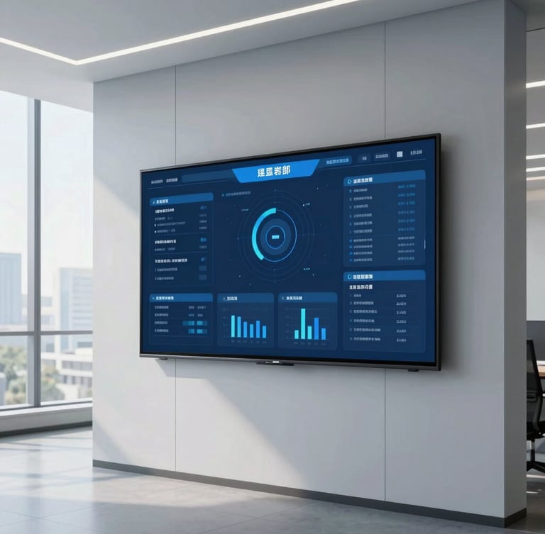 Clean corporate office interior, structured architectural lines, professional analyzing digital dashboard on a screen, cool blue and slate tones, sharp focus, 35mm