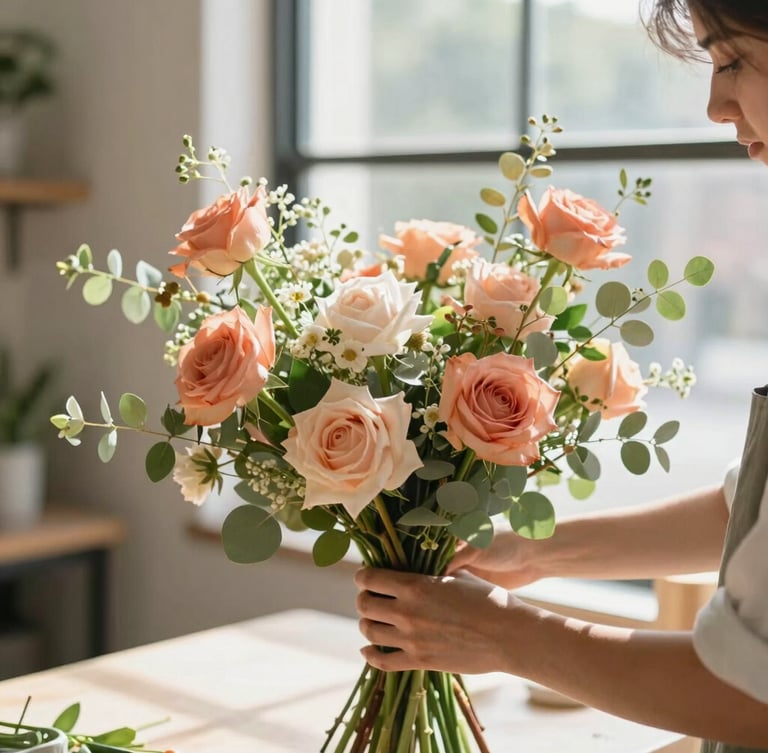 Hands of a florist arranging a lush, wild garden-style bouquet with peach and sage green tones in a sunlit CDMX workshop, warm morning window light, shallow depth of field, 35mm