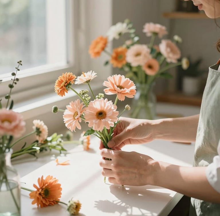 Hands of a florist gently arranging delicate peach and orange garden-style flowers in a sunlit CDMX workshop, soft morning light, shallow depth of field, 35mm