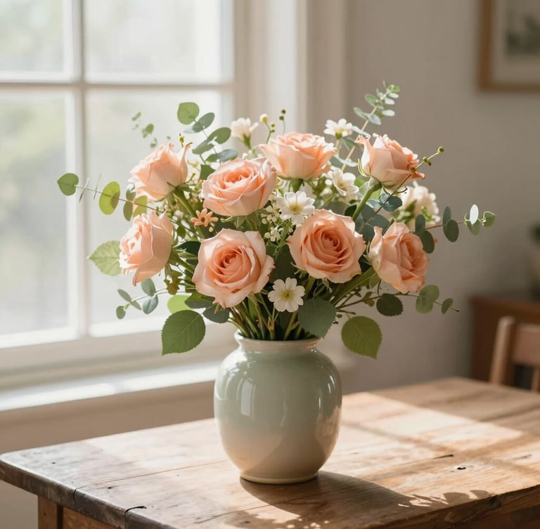 Lush garden-style bouquet in a ceramic vase on a rustic table, warm morning window light, soft peach and sage green tones, 35mm
