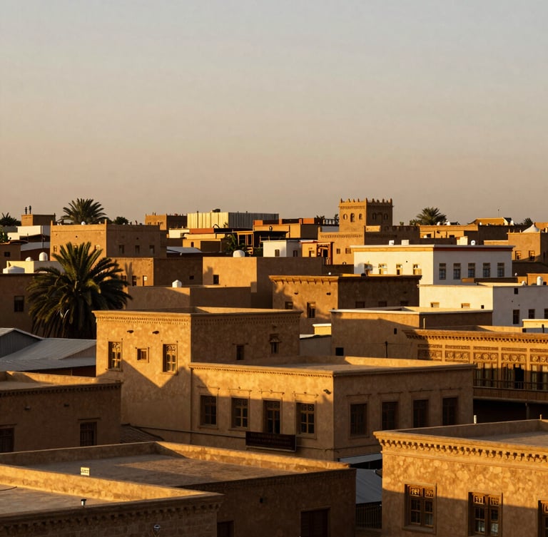 Wide environmental shot of Lasanod's historic architecture under warm golden-hour sunlight, capturing its enduring dignity and cultural heritage.