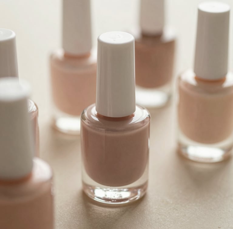 Close-up of premium nail polish bottles reflecting soft light on a warm beige plaster surface, shallow depth of field.