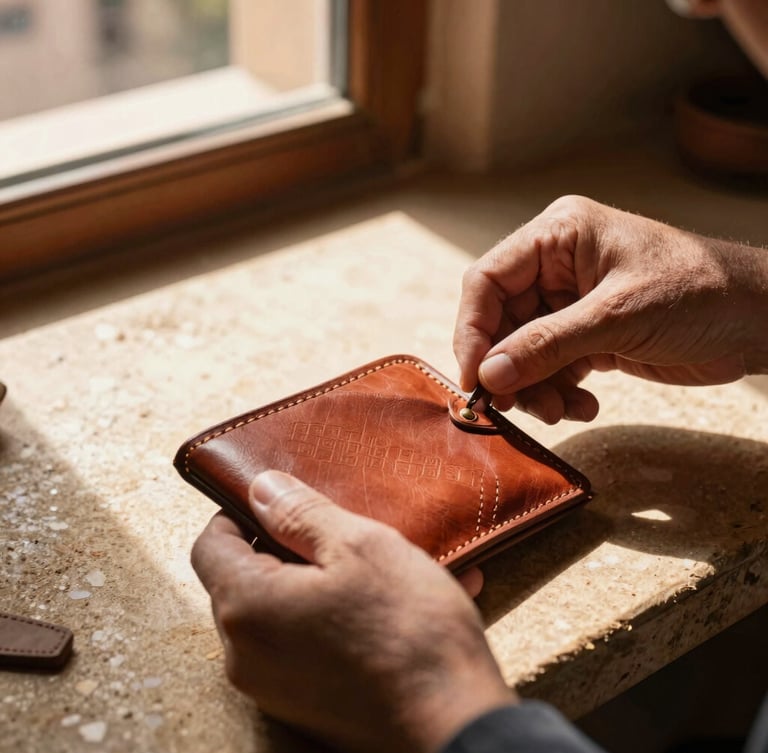 A master Moroccan artisan carefully hand-stitching a rich terracotta leather wallet, natural light from a riad window illuminating the workspace, warm editorial photography, 35mm