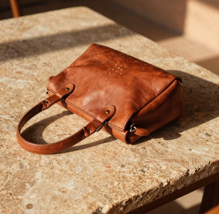 Close-up of a hand-stitched leather bag resting on a raw stone table in a sun-drenched riad, harsh golden-hour sunlight casting sharp shadows, warm editorial photography, 35mm