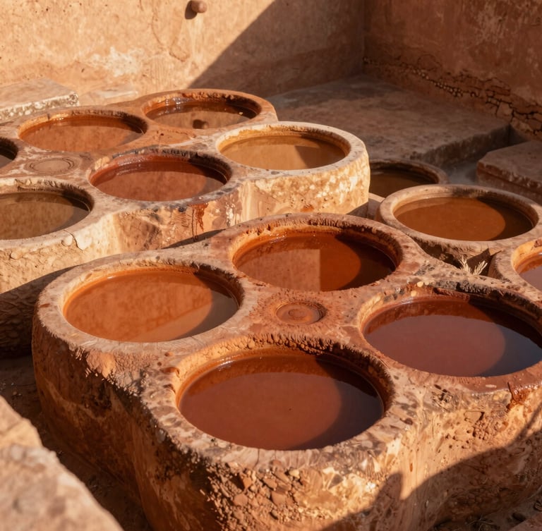 Wide environmental shot of ancient stone dye vats in Marrakech, filled with rich terracotta and ochre natural vegetable dyes under harsh golden-hour sunlight