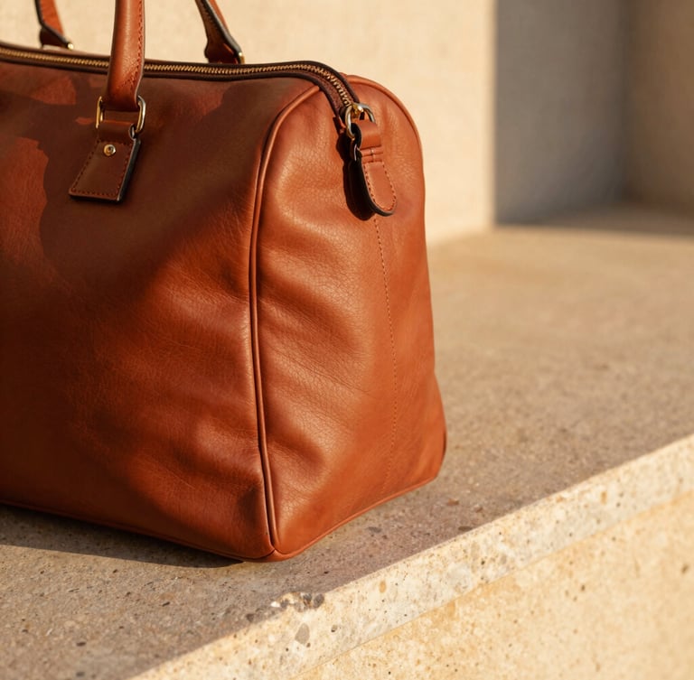 Tight macro shot of a rich terracotta leather travel bag resting on a sun-drenched limestone ledge, harsh golden-hour sunlight casting sharp geometric shadows, 35mm editorial photography.