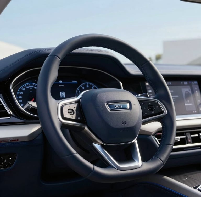 Close-up of a premium vehicle dashboard and steering wheel in bright Mediterranean daylight, clean corporate navy tones, sharp focus, 35mm lens.
