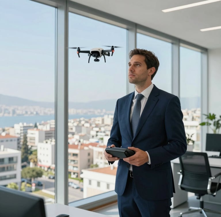 A professional real estate consultant operating a drone controller in a modern office in Antalya, large windows showing sunny city view, corporate navy details, bright Mediterranean light