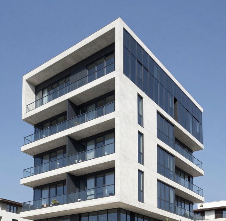 Modern architectural portrait of a premium residential building in Antalya Muratpaşa, sharp angles, clean concrete and glass facade, bright Mediterranean daylight, 35mm lens