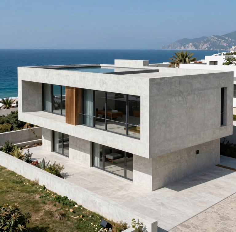 High-angle architectural photograph of modern minimalist concrete villa in Antalya, bright Mediterranean daylight, sharp focus, 35mm lens