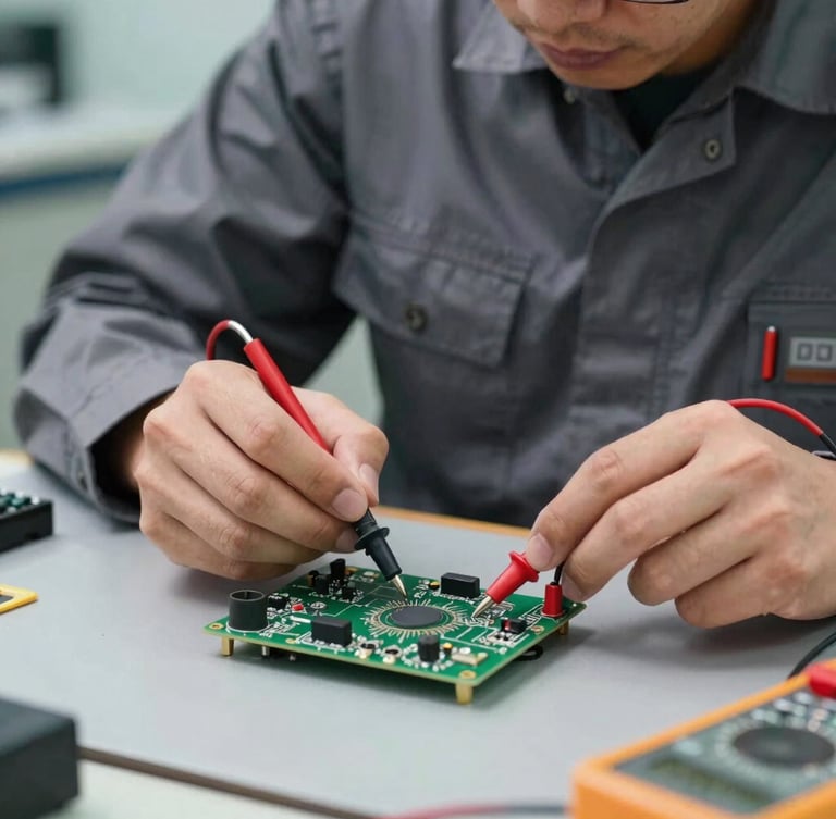 Macro shot of a professional technician in a clean, dark gray uniform using a digital multimeter to test a green circuit board on a clean slate work mat. Bright, neutral technical lighting.