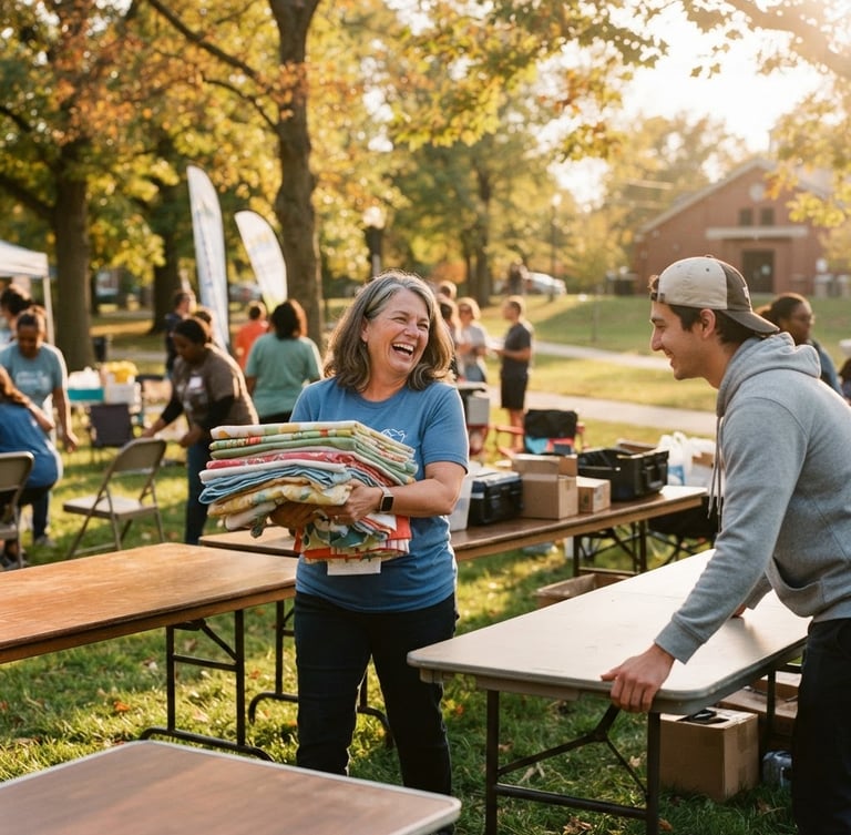 A warm candid photo of Ohio community volunteers setting up tables outdoors, bright daylight, friendly atmosphere