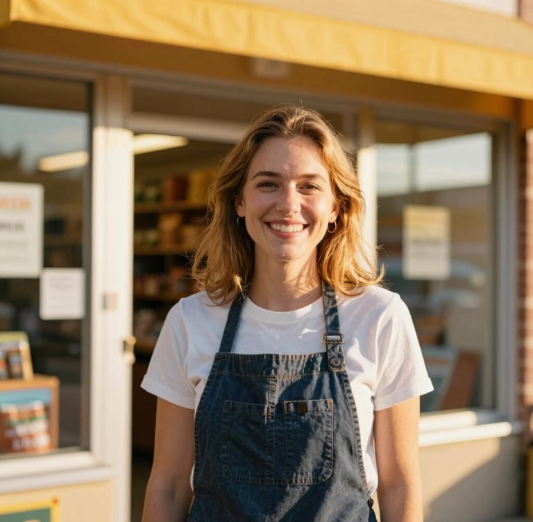 Candid mid-shot of a local Ohio business owner smiling outside her shop, warm golden-hour sunlight, vibrant friendly tones, 35mm
