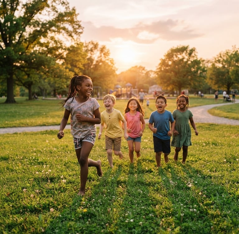 Wide environmental portrait of diverse children laughing and running on a lush green lawn in an Ohio park, warm golden hour sunlight, candid action shot, shallow depth of field.