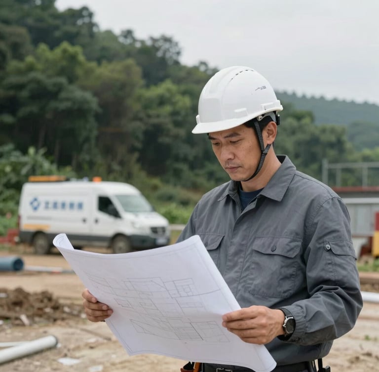 Portrait-oriented photo of an engineer in a hardhat reviewing blueprints on a field site, branded engineering vehicle visible in the background, overcast natural daylight, cool slate and forest green tones, sharp focus, 35mm, documentary engineering photography.
