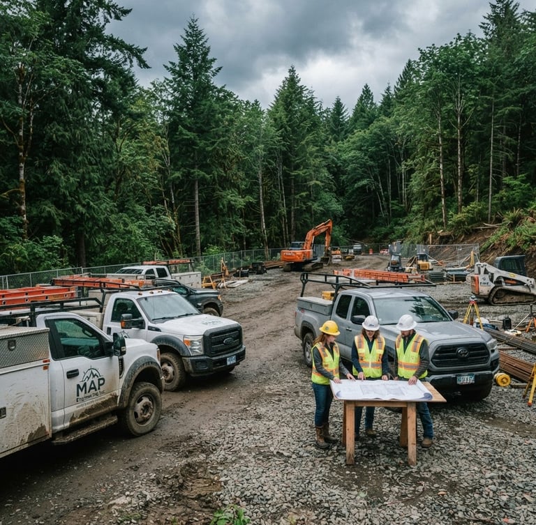 Branded MAP Engineering Inc. fleet vehicles parked on a gravel construction site in a lush, overcast Oregon forest, engineers in hardhats reviewing blueprints nearby, wide shot, documentary engineering photography.
