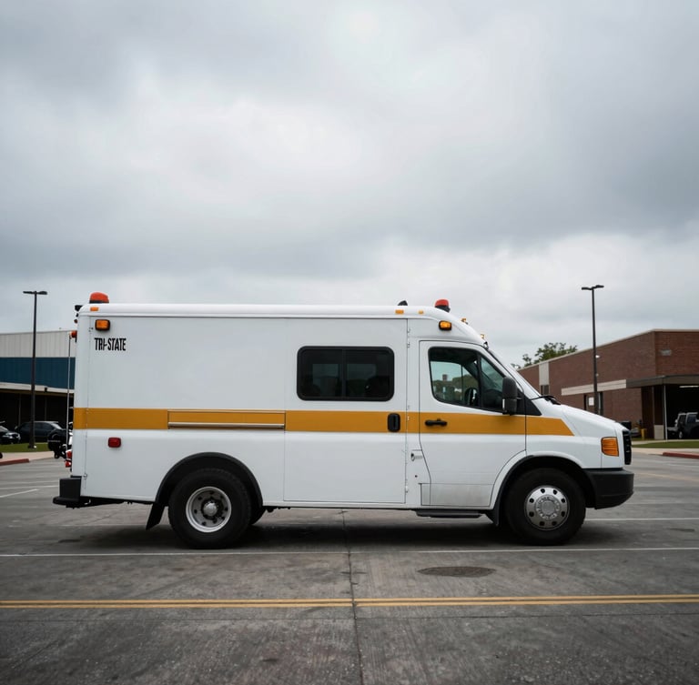 Wide environmental shot of a specialized response vehicle in a Tri-State area urban setting, high-contrast overcast daylight, low horizon, amber accents.
