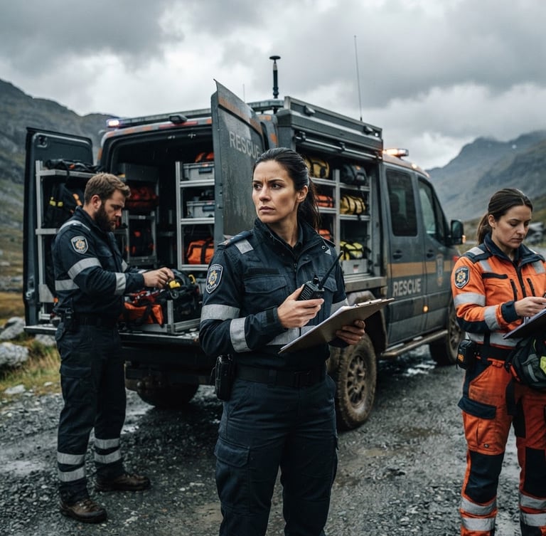 Team of emergency responders in professional uniform, high-contrast overcast daylight, focused and ready, specialized response vehicle in background.