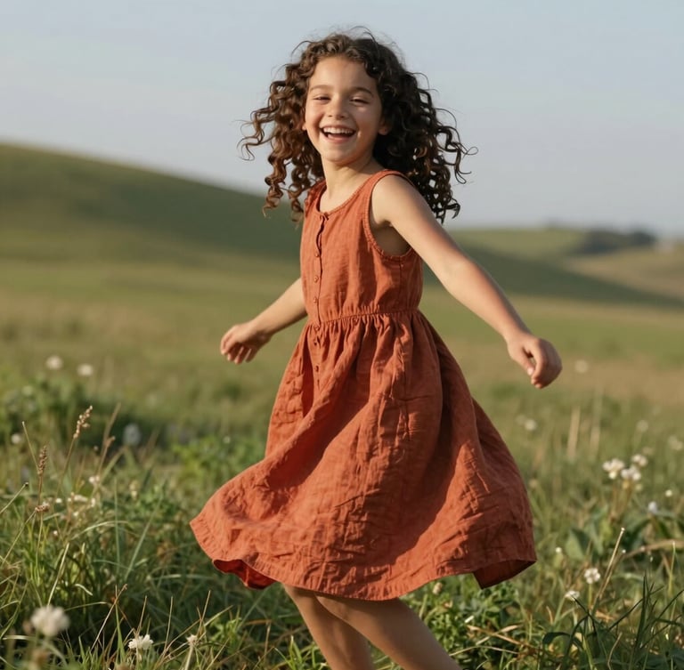 Portrait shot of a young girl with curly hair laughing and spinning on a grassy hill, wearing a warm terracotta linen frock, natural afternoon sunlight.