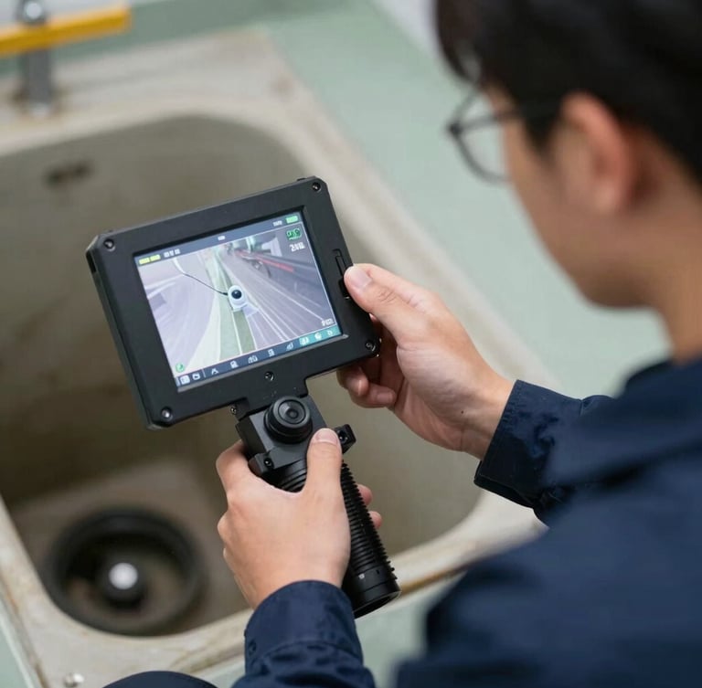 Close-up of a professional technician in a clean navy blue uniform holding a high-tech sewer inspection camera screen, bright and realistic lighting.