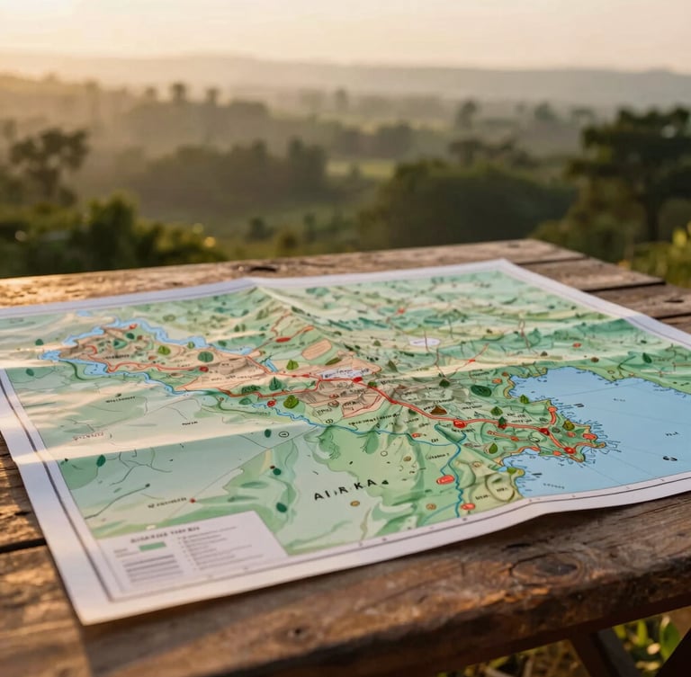 Close-up of a physical land map of Maval Taluka resting on a rustic wooden table, warm golden-hour light, 35mm