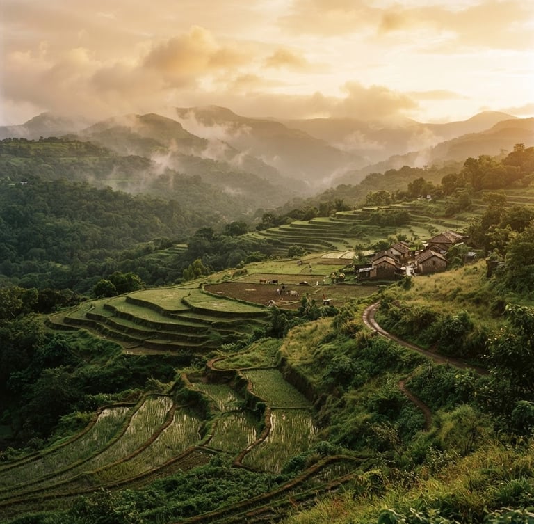 Wide environmental landscape shot of misty Lonavala hillside at golden hour, showing lush green terraced land and clear boundaries, warm editorial photography, 35mm
