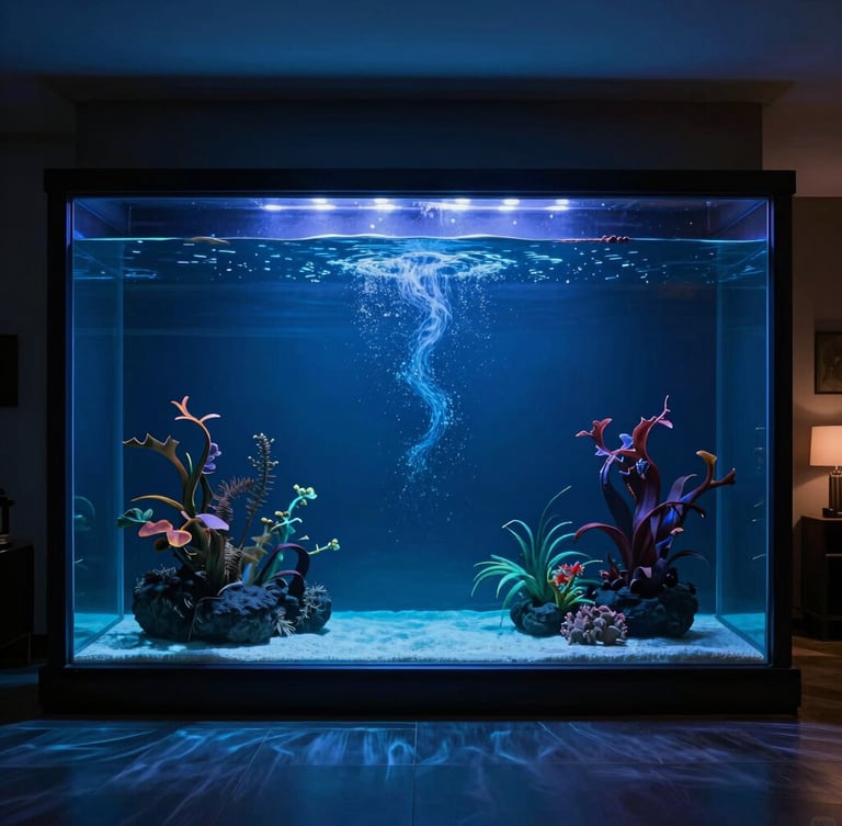 Dramatic wide shot of a completed luxury aquatic installation in a minimalist high-end living room, deep-water bioluminescent lighting, rich saturated tones, 35mm lens