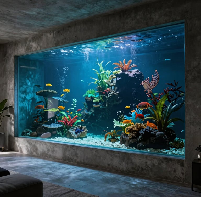 Dramatic wide shot of a luxury residential concrete living room featuring a massive, integrated structural acrylic aquascape wall, bioluminescent underwater glow, high-contrast shadows, 35mm lens
