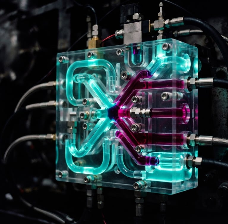 Macro close-up of heavy-duty structural acrylic hydraulic manifold with electric teal and deep magenta glowing fluid indicators, dramatic low-key technical lighting, dark background, 35mm lens, high-contrast rich saturated tones