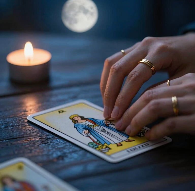 A close-up of hands with delicate gold rings gently turning over a tarot card on a dark wooden table, soft moonlight, low-key lighting, mystical editorial photography