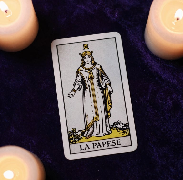 Top-down flat lay of the classic Tarot de Marseille card 'La Papesse' with delicate gold line art details, resting on dark purple velvet under soft candlelight, casting elegant long shadows.