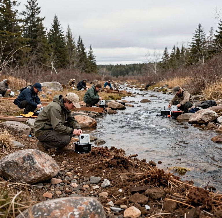 Medium shot of a newly planted riparian buffer along a small stream, water running over rocks, field researchers installing monitoring equipment, overcast daylight, Great Lakes earth tones.