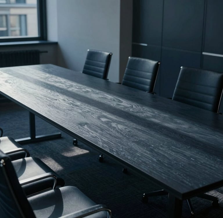Extreme wide-angle shot of a quiet, empty corporate boardroom in London, cool diffused early-morning northern light, sharp architectural shadows, minimalist slate table, deep navy tones