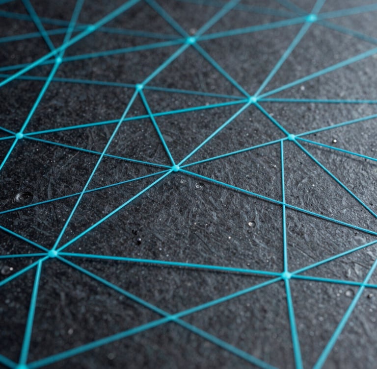 Abstract high-density data network map with sharp cyan lines on a dark slate grid, macro detail, high-contrast shadows.