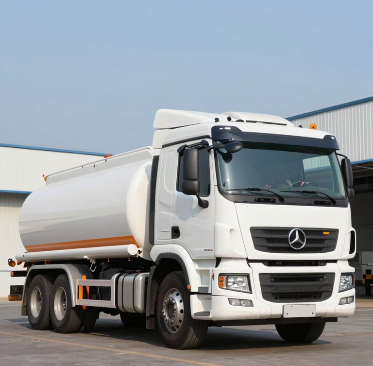 Low-angle heroic shot of a clean modern white fuel tanker truck parked at a high-contrast industrial site under sharp morning daylight, 35mm lens
