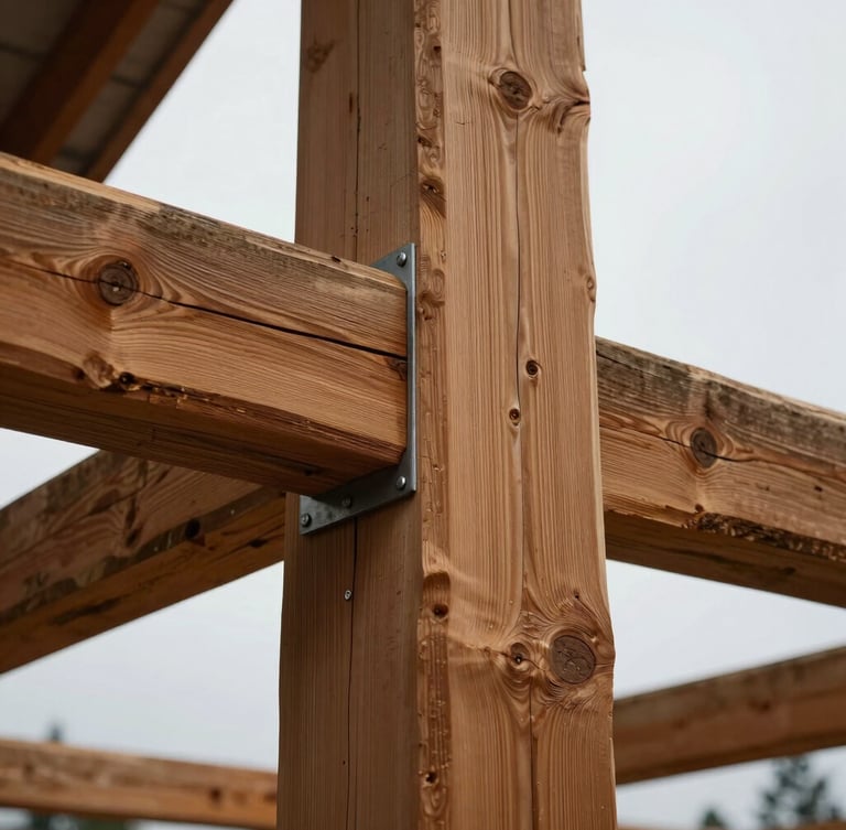 Detail of a timber-frame joinery connection under soft, overcast Pacific Northwest light, showing a steel plate bolted to a massive Douglas-fir post.