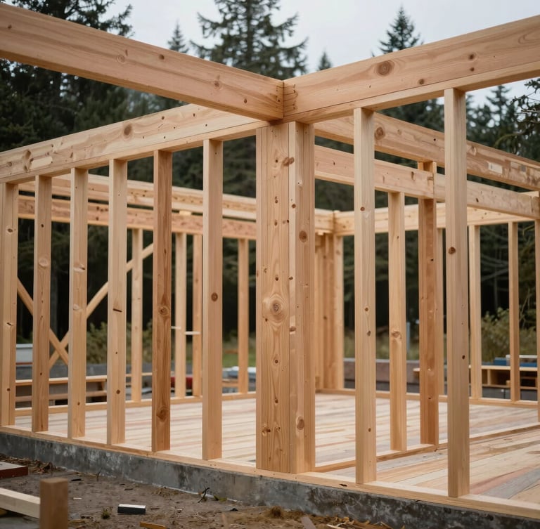 Wide shot of a heavy timber-frame structure during construction, raw Douglas-fir posts and beams meeting with precise mortise and tenon joinery, soft diffused Pacific Northwest daylight, forest background.