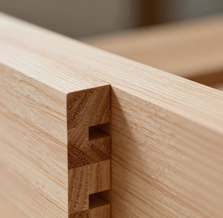 Extreme close-up of a hand-cut mortise and tenon joint in Douglas-fir timber, soft overcast light highlighting the precise wood grain transitions.