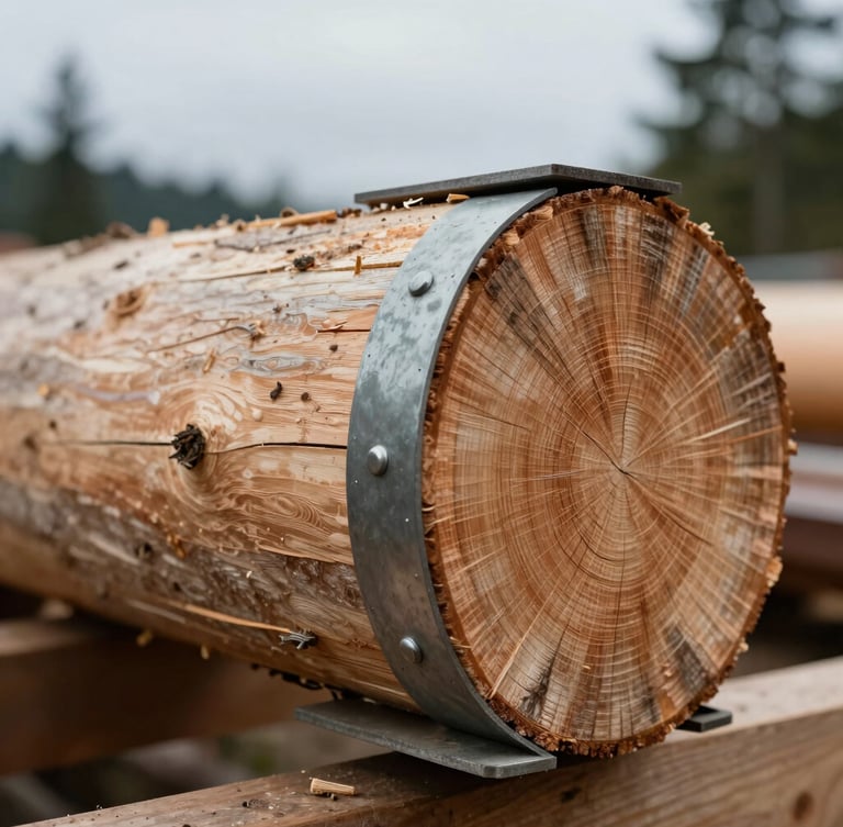 Extreme close-up of a complex Douglas-fir timber joint meeting a steel plate, soft overcast Pacific Northwest daylight, raw material textures visible.