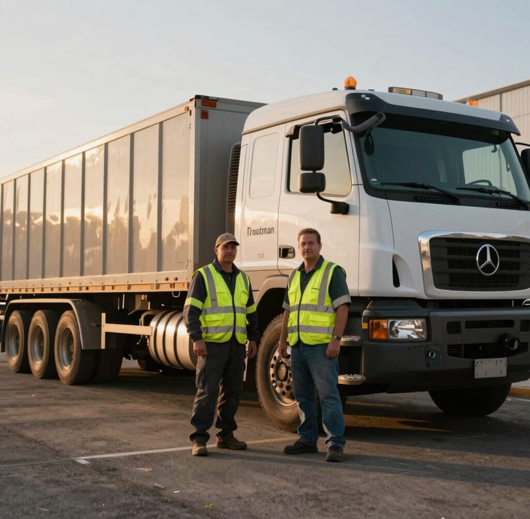 Professional portrait of two site operators in high-vis gear standing near a heavy hauling truck at the Troutman office, early morning golden hour, 35mm