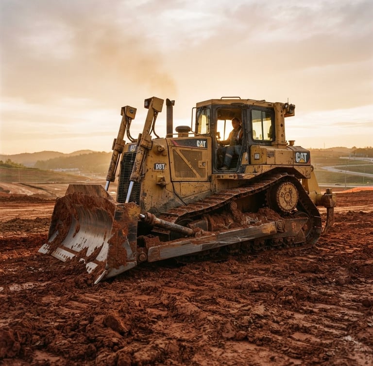 Low-angle heroic shot of a yellow bulldozer idling on red clay at golden hour, sharp focus, 35mm gritty industrial photography