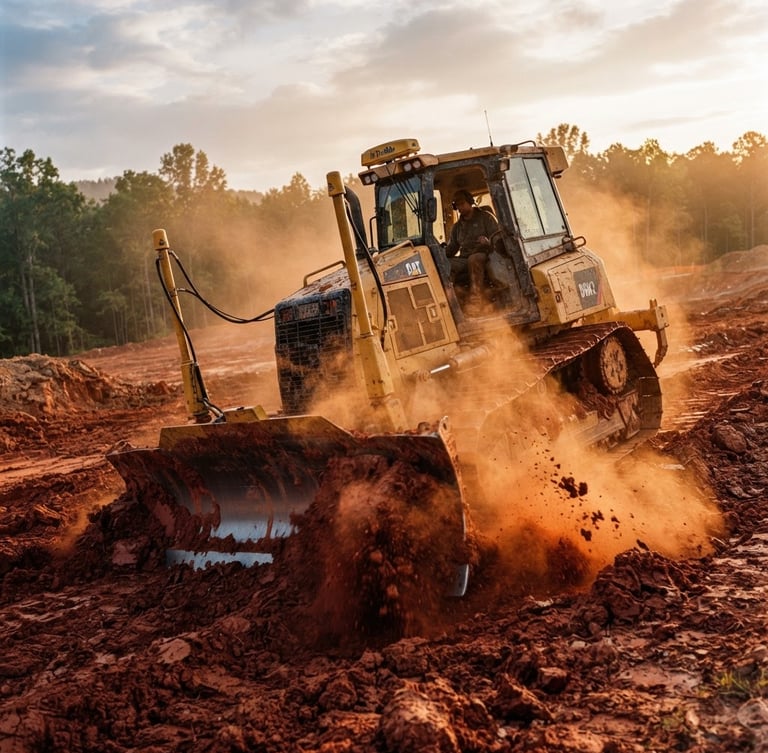 Low-angle heroic shot of a yellow GPS-guided bulldozer cutting through red North Carolina clay, dramatic morning dust, sharp focus, 35mm